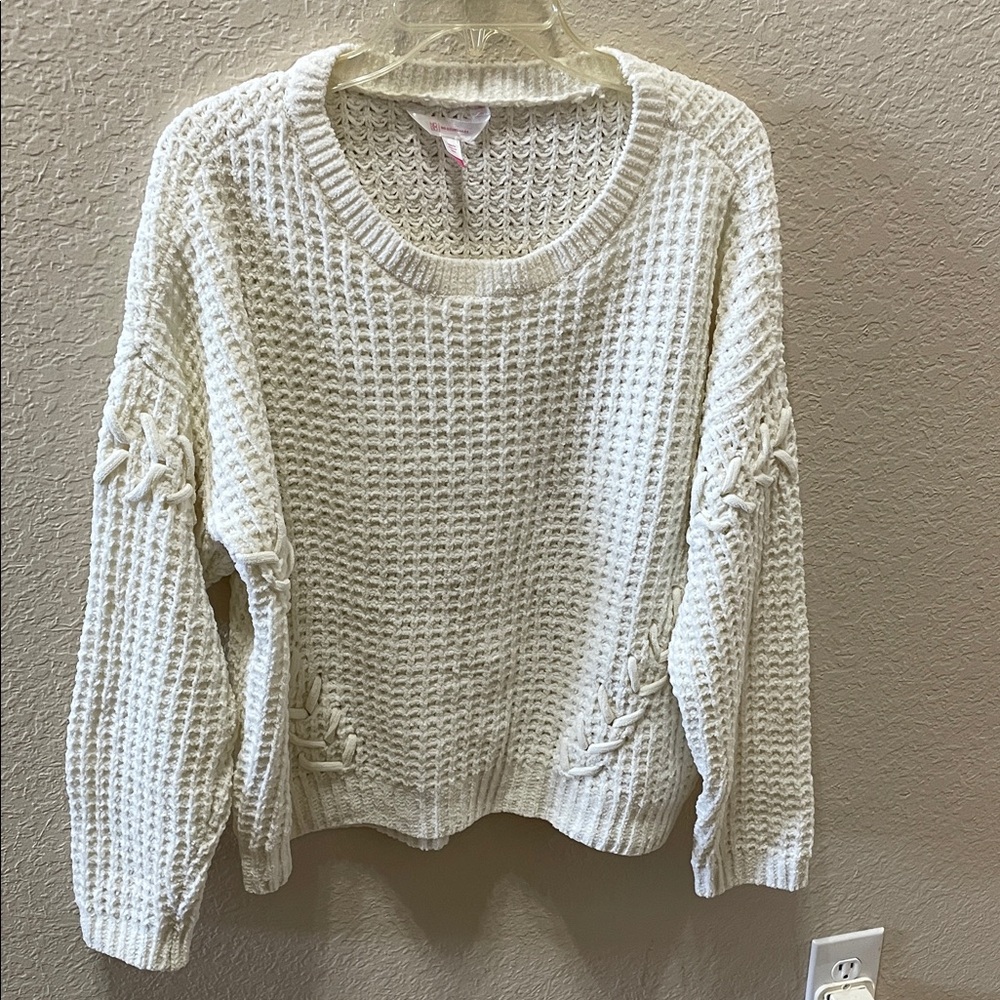 No Boundaries Cream Waffle & Cable Knit Crew Sweater
